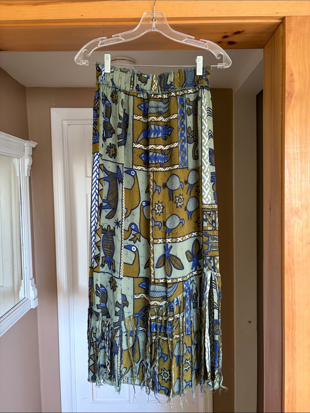 Chantik Bohemian Olive and Blue Printed Fringe Maxi Skirt